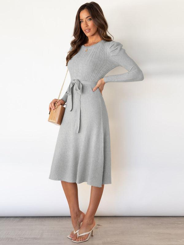 Women's Cable Knit A-Line Dress With Ruffle Sleeve Detail And Belt