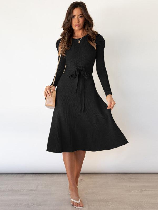 Women's Cable Knit A-Line Dress With Ruffle Sleeve Detail And Belt