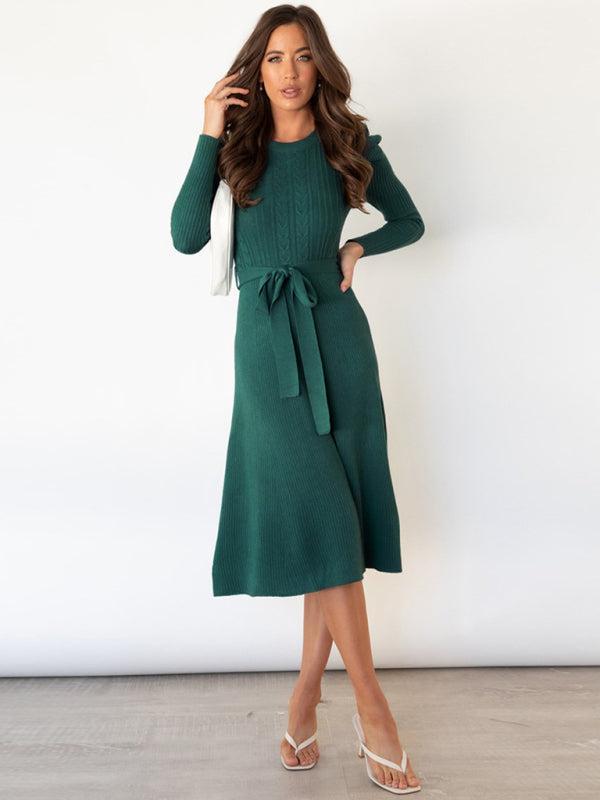 Women's Cable Knit A-Line Dress With Ruffle Sleeve Detail And Belt