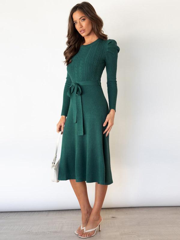 Women's Cable Knit A-Line Dress With Ruffle Sleeve Detail And Belt