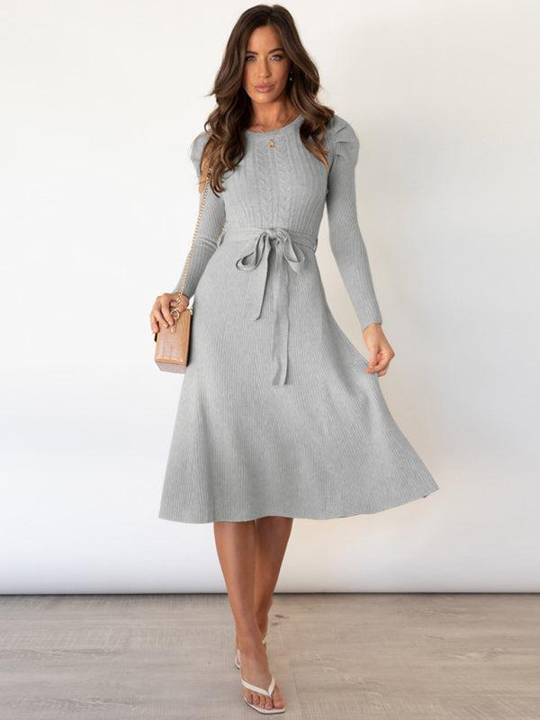 Women's Cable Knit A-Line Dress With Ruffle Sleeve Detail And Belt