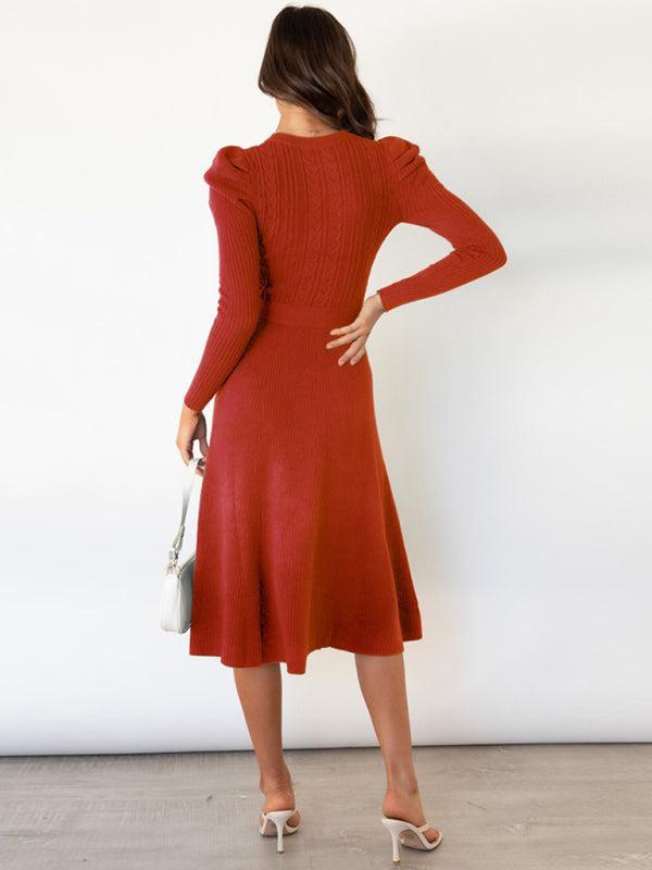 Women's Cable Knit A-Line Dress With Ruffle Sleeve Detail And Belt