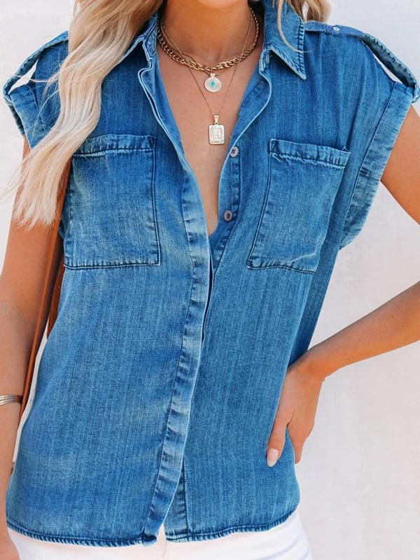 Women's Cap Sleeve Loose Fit Denim Shirt With Front Pockets