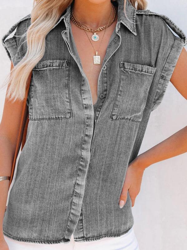 Women's Cap Sleeve Loose Fit Denim Shirt With Front Pockets