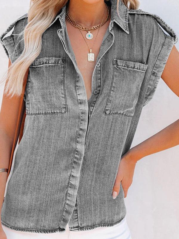 Women's Cap Sleeve Loose Fit Denim Shirt With Front Pockets