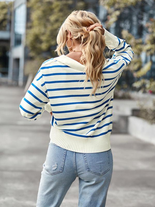 Women's Casual Collared Striped Soft Jumper