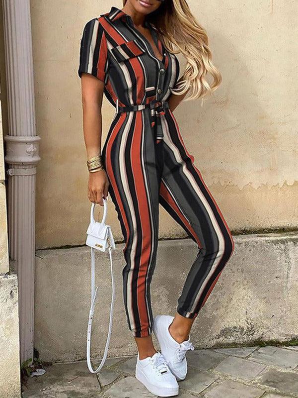 Women's Casual Lapel Cargo Jumpsuit With Button Fastening and Belt