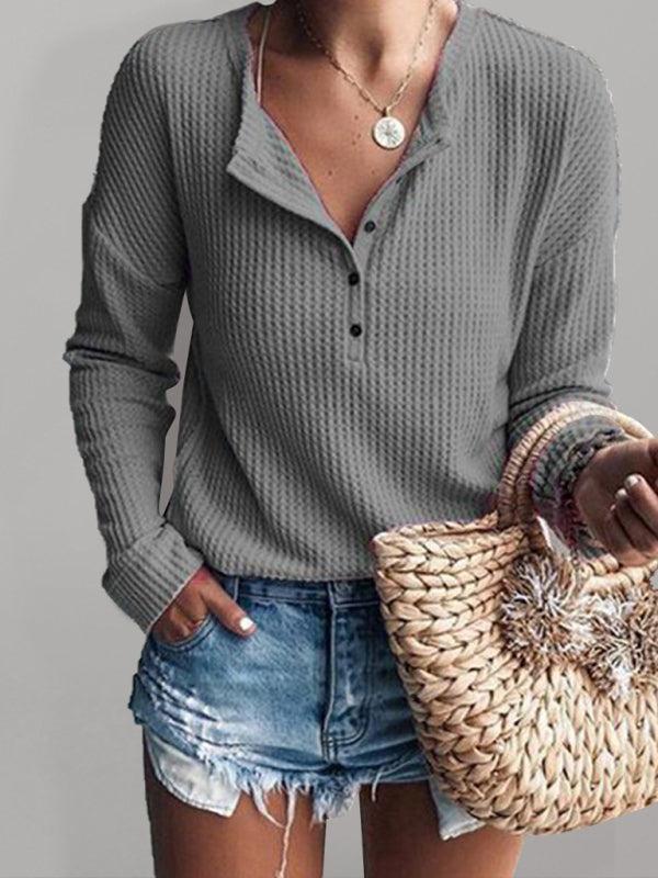 Women's Casual Ribbed Long Sleeve Top With Button Detail