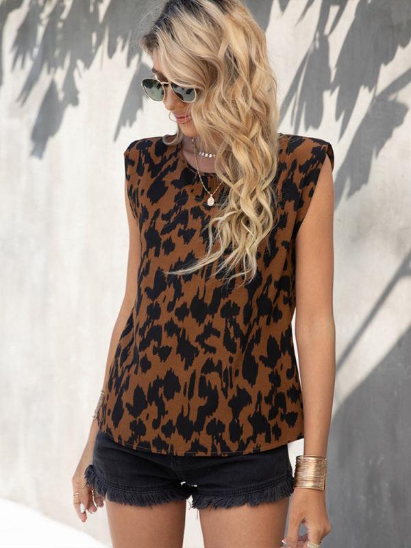 Women's Casual Round Neck Woven Leopard Print Sleeveless Top