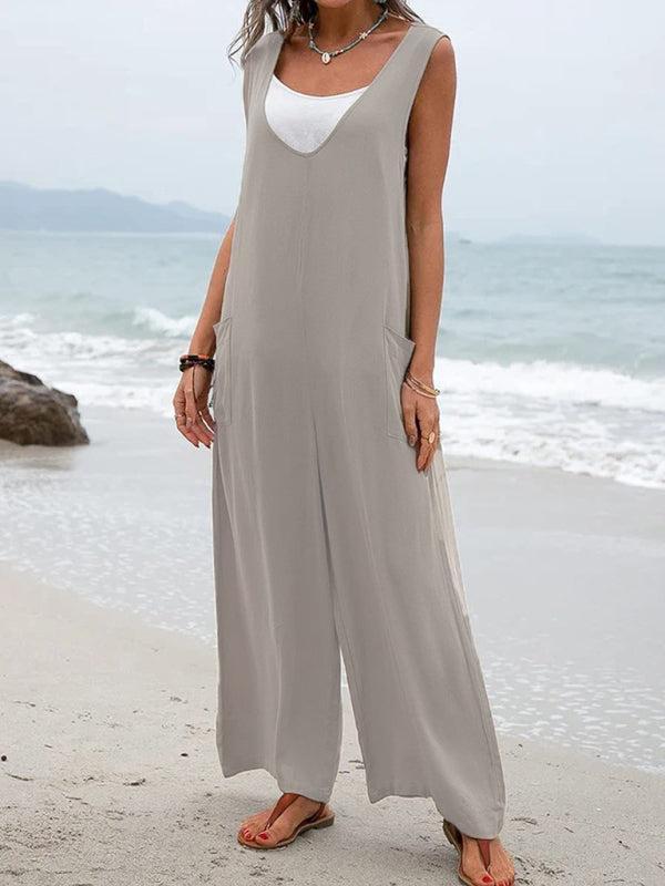 Women's Casual Wide Leg Patch Pocket Flowy V-Neck Jumpsuit