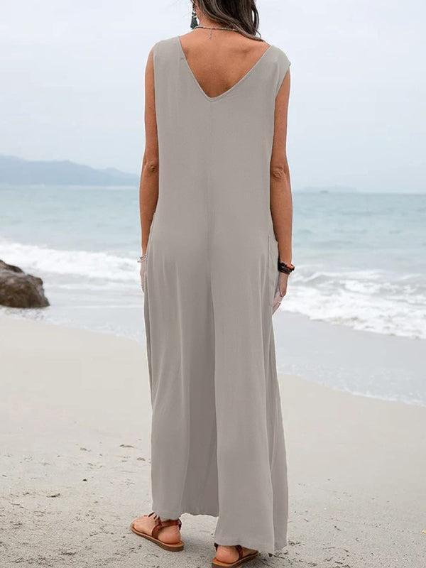 Women's Casual Wide Leg Patch Pocket Flowy V-Neck Jumpsuit