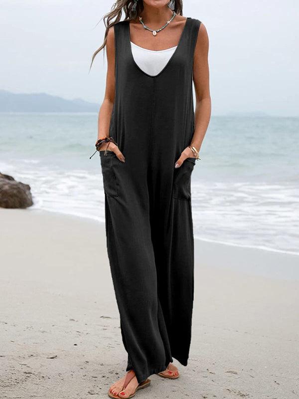 Women's Casual Wide Leg Patch Pocket Flowy V-Neck Jumpsuit