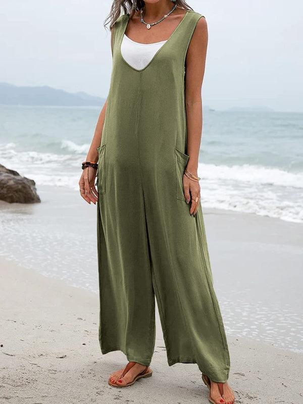 Women's Casual Wide Leg Patch Pocket Flowy V-Neck Jumpsuit