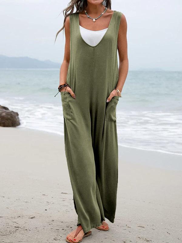 Women's Casual Wide Leg Patch Pocket Flowy V-Neck Jumpsuit