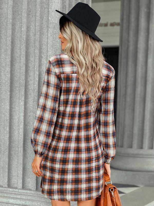 Women’s Check Print Collar Shirt Dress