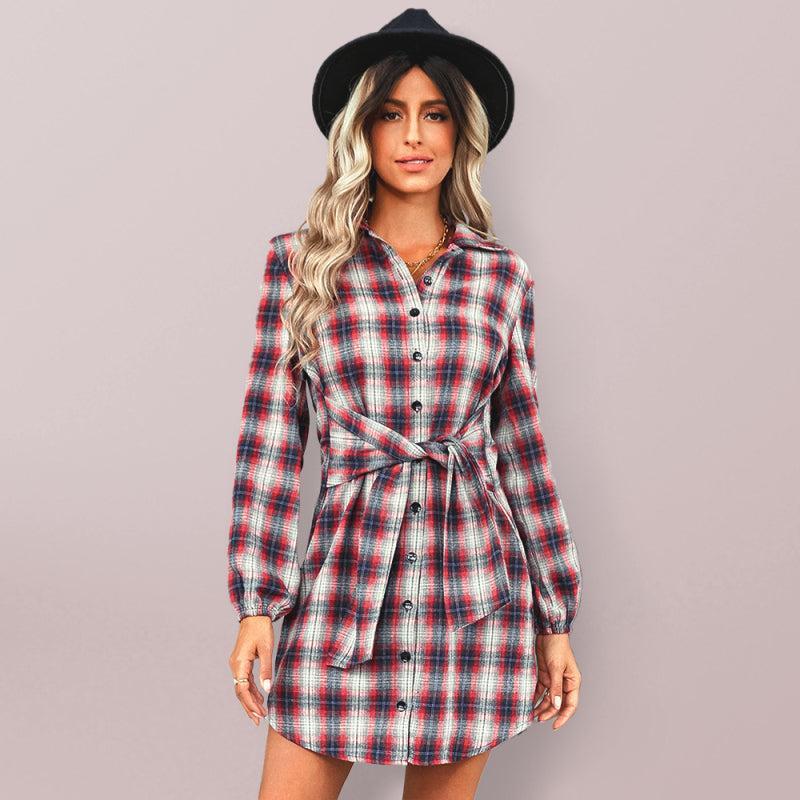 Women’s Check Print Collar Shirt Dress