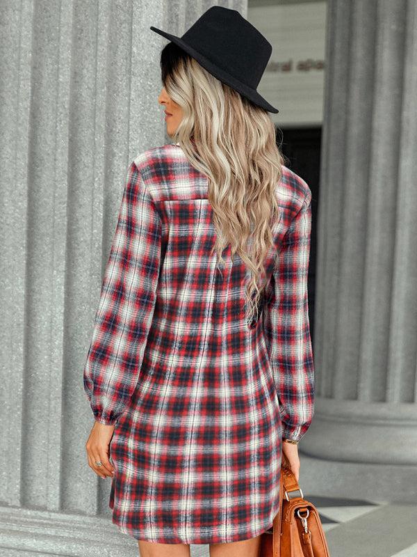 Women’s Check Print Collar Shirt Dress