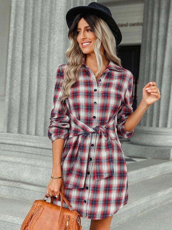 Women’s Check Print Collar Shirt Dress