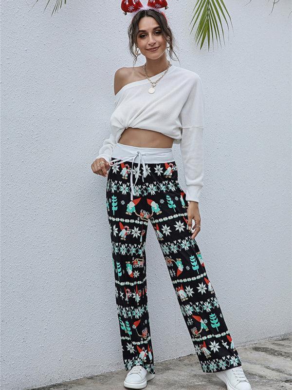 Women's Christmas Print Drawstring Casual Loungewear Trousers