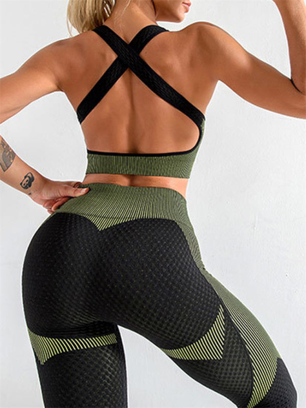 Women's Colour Block Activewear Gym Set Including Crop Vest And Leggings