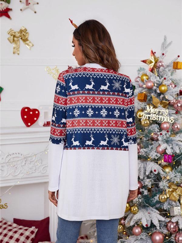 Women's Colour Block Christmas Print Open Front Cardigan