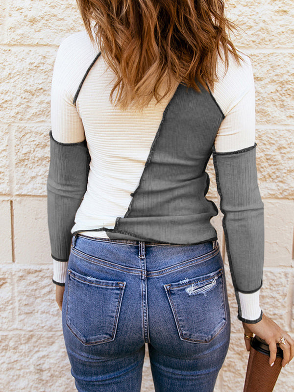 Women's Colour Block Exposed Stitching Long Sleeve Top
