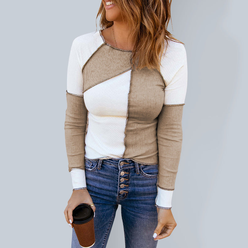 Women's Colour Block Exposed Stitching Long Sleeve Top