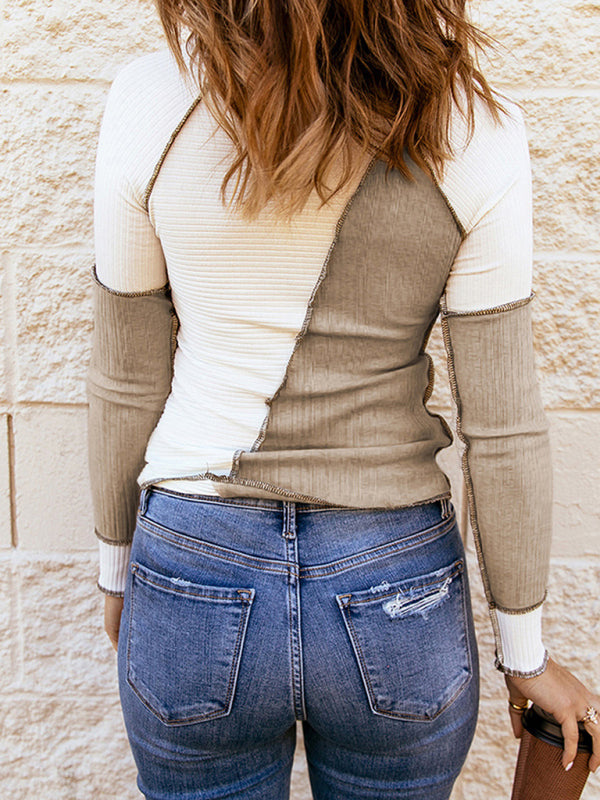 Women's Colour Block Exposed Stitching Long Sleeve Top