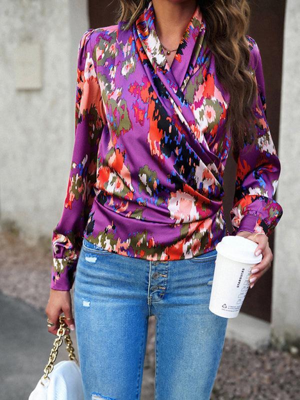 Women's Colourful Print Wrap Satin Long Sleeve Top
