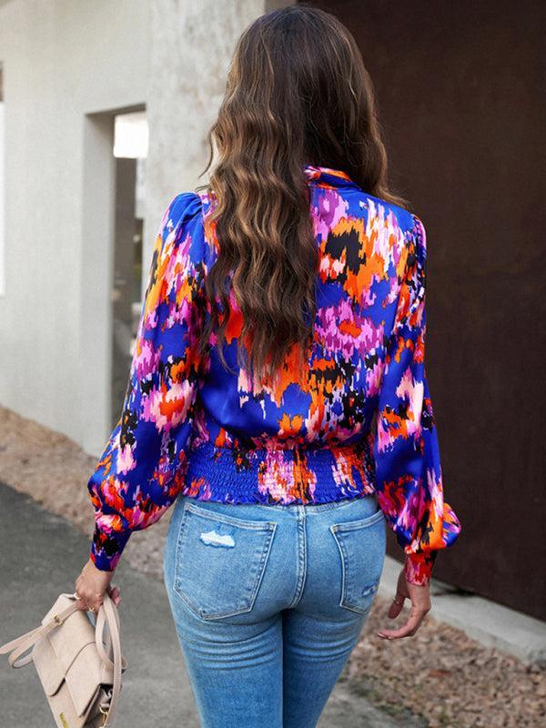 Women's Colourful Print Wrap Satin Long Sleeve Top