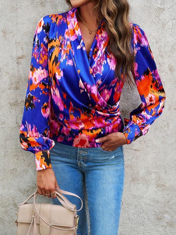 Women's Colourful Print Wrap Satin Long Sleeve Top