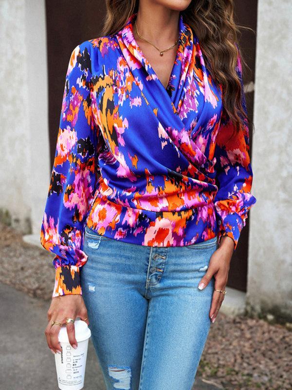 Women's Colourful Print Wrap Satin Long Sleeve Top