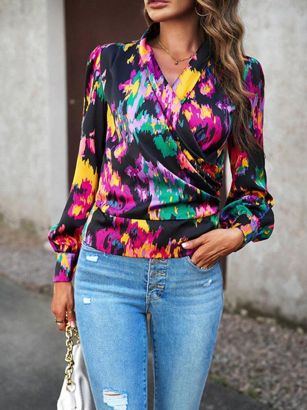 Women's Colourful Print Wrap Satin Long Sleeve Top
