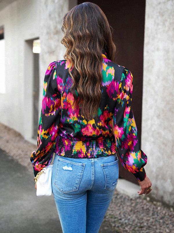 Women's Colourful Print Wrap Satin Long Sleeve Top