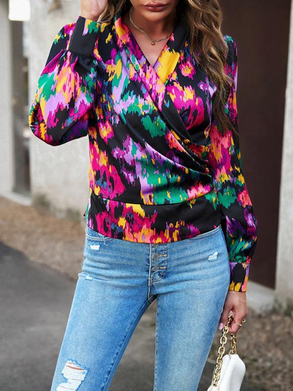 Women's Colourful Print Wrap Satin Long Sleeve Top