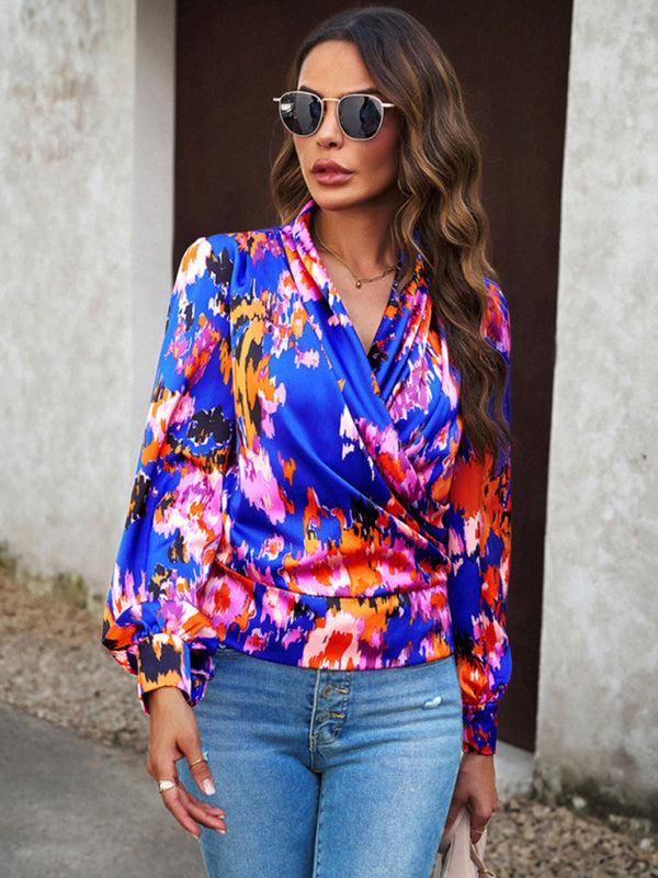 Women's Colourful Print Wrap Satin Long Sleeve Top