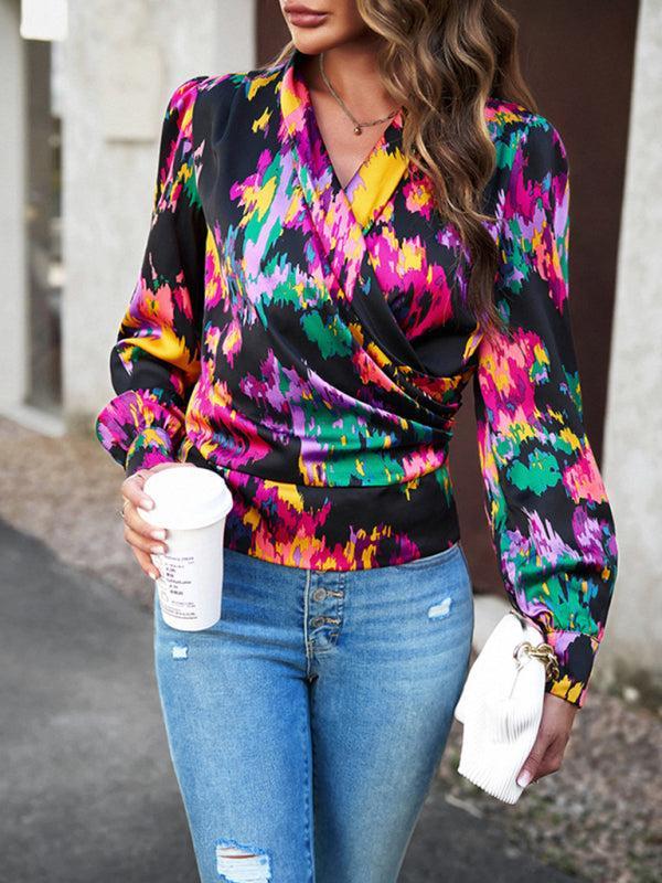 Women's Colourful Print Wrap Satin Long Sleeve Top
