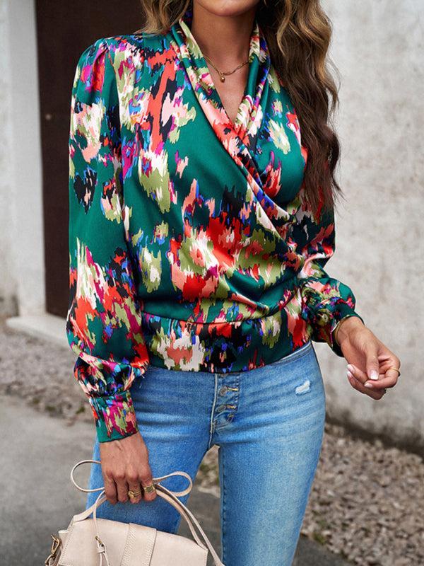 Women's Colourful Print Wrap Satin Long Sleeve Top