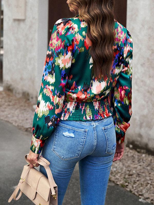 Women's Colourful Print Wrap Satin Long Sleeve Top