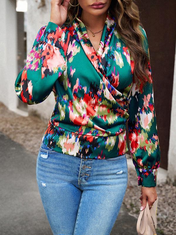 Women's Colourful Print Wrap Satin Long Sleeve Top