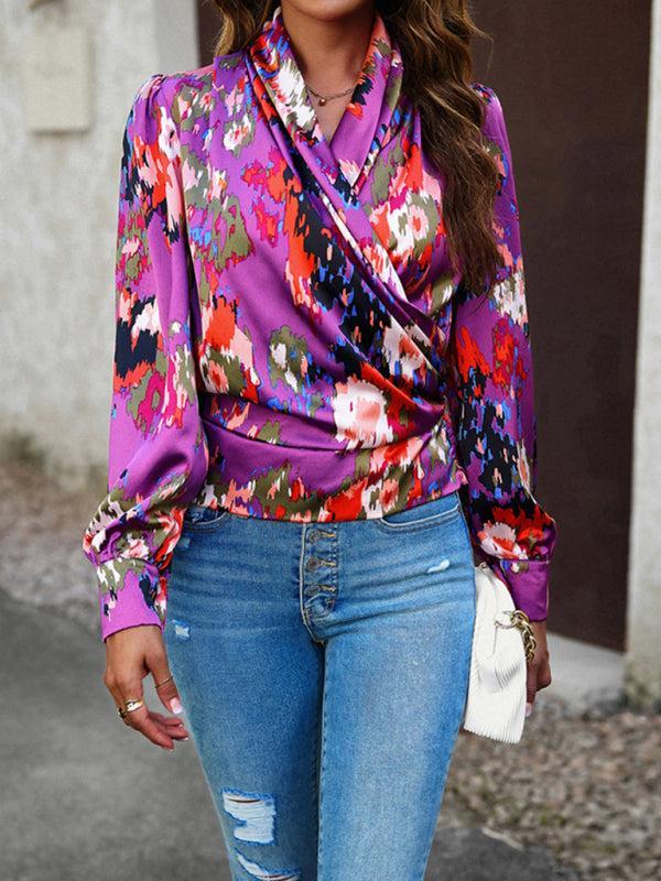 Women's Colourful Print Wrap Satin Long Sleeve Top