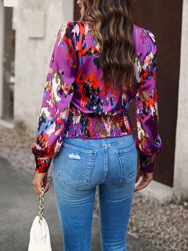 Women's Colourful Print Wrap Satin Long Sleeve Top