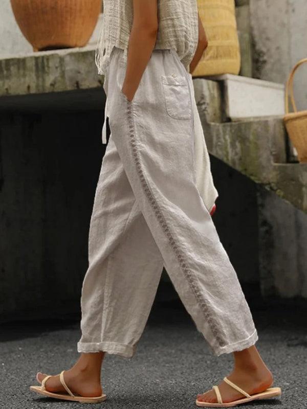 Women's Cropped Casual Linen Trousers With Stitching Detail