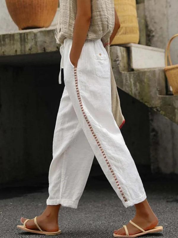 Women's Cropped Casual Linen Trousers With Stitching Detail