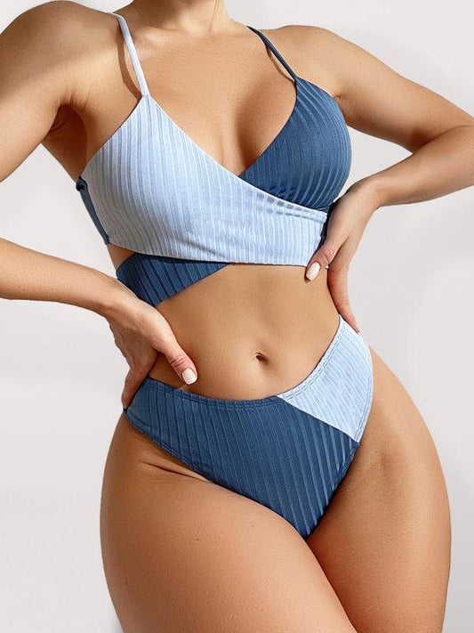 Two-tone ribbed bikini with wrap top and ruched high-waist bottoms