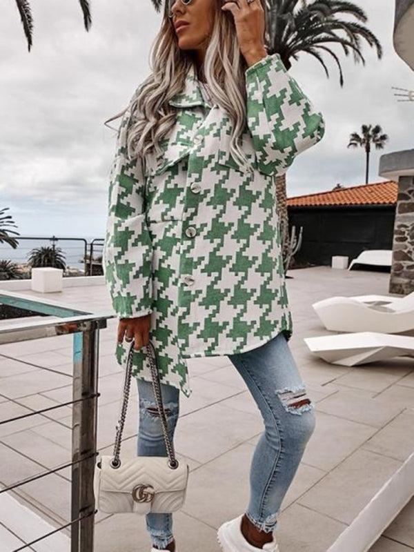 Women's Dogtooth Print Button Up Collared Loose Fit Coat