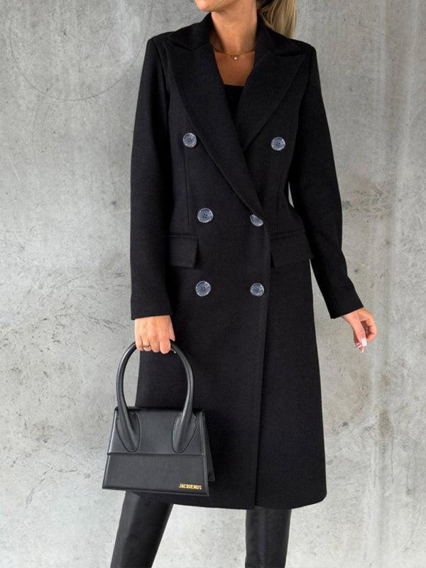 Women's Double Breasted Mid Length Button Closure Coat With Pockets