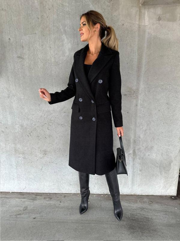 Women's Double Breasted Mid Length Button Closure Coat With Pockets