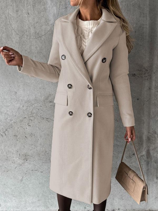 Women's Double Breasted Mid Length Button Closure Coat With Pockets