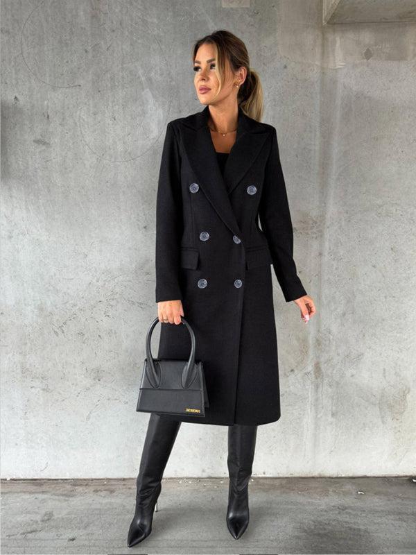 Women's Double Breasted Mid Length Button Closure Coat With Pockets